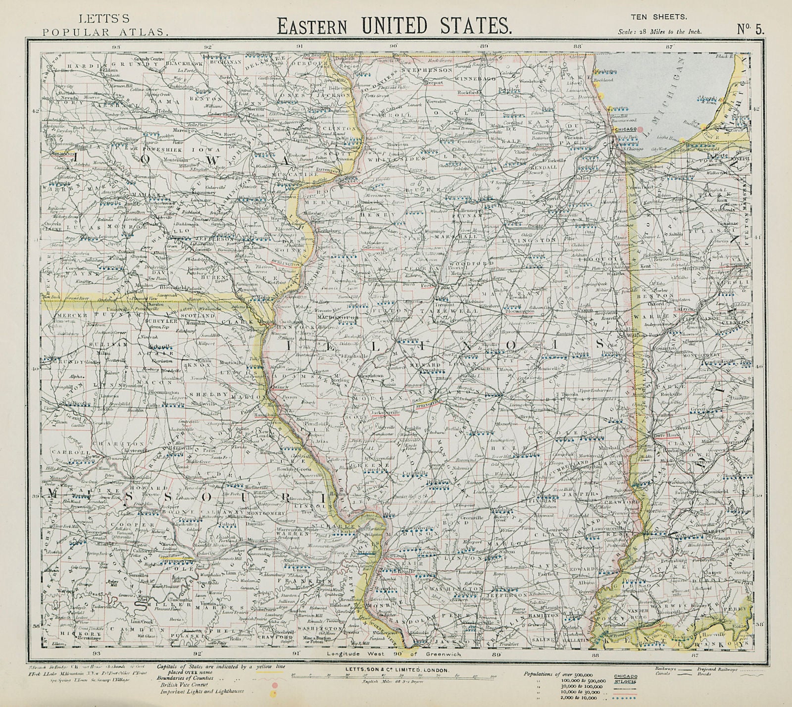 US MIDWEST. Missouri Illinois Indiana Iowa Chicago. Railroads. LETTS 1884 map